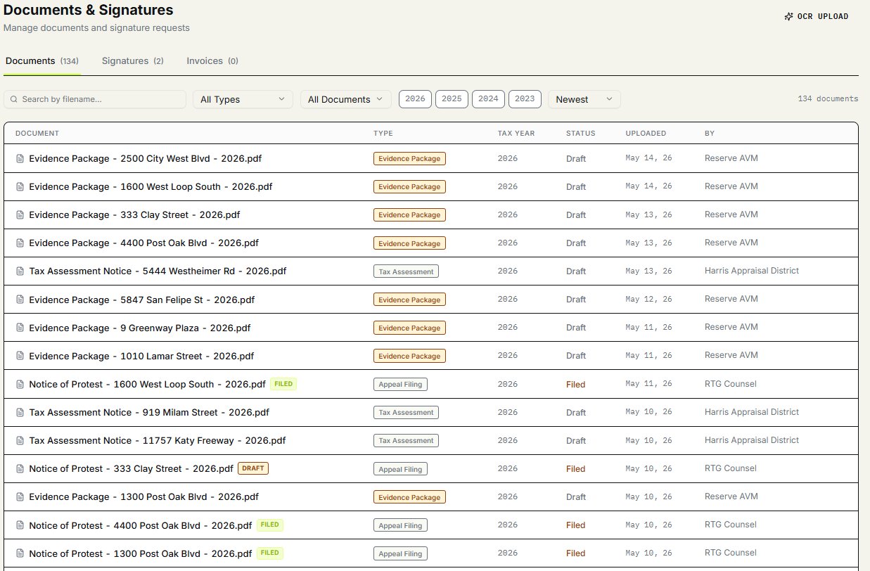 Documents and signatures workspace with evidence packages, notices of protest, and tax assessment notices